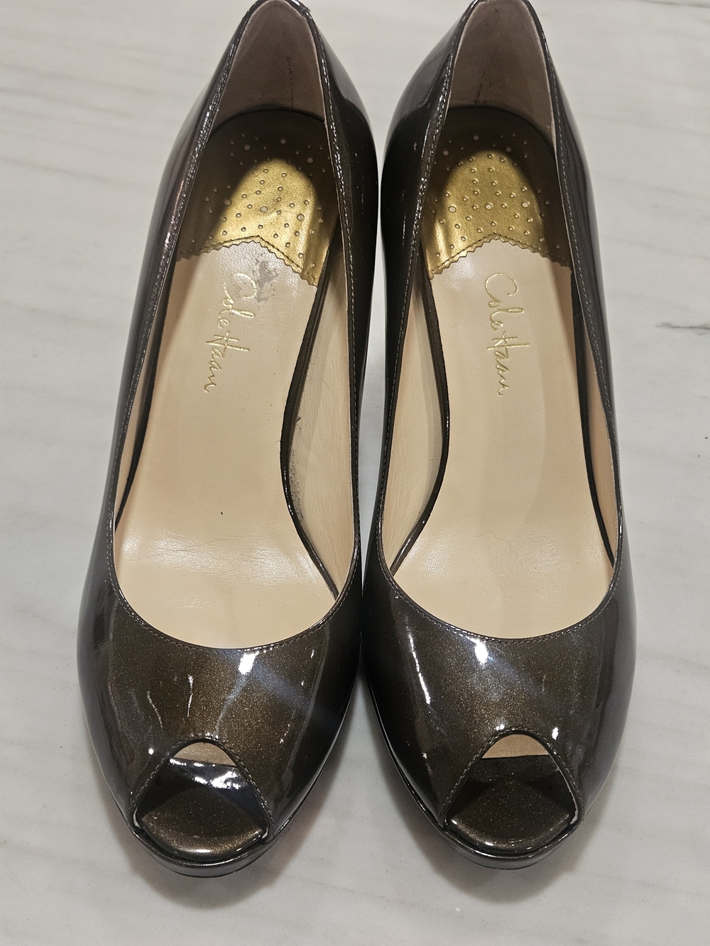 Cole Haan Carma OT Nike Air Bronze Brown Shimmer Patent Peep Toe Pumps 9.5